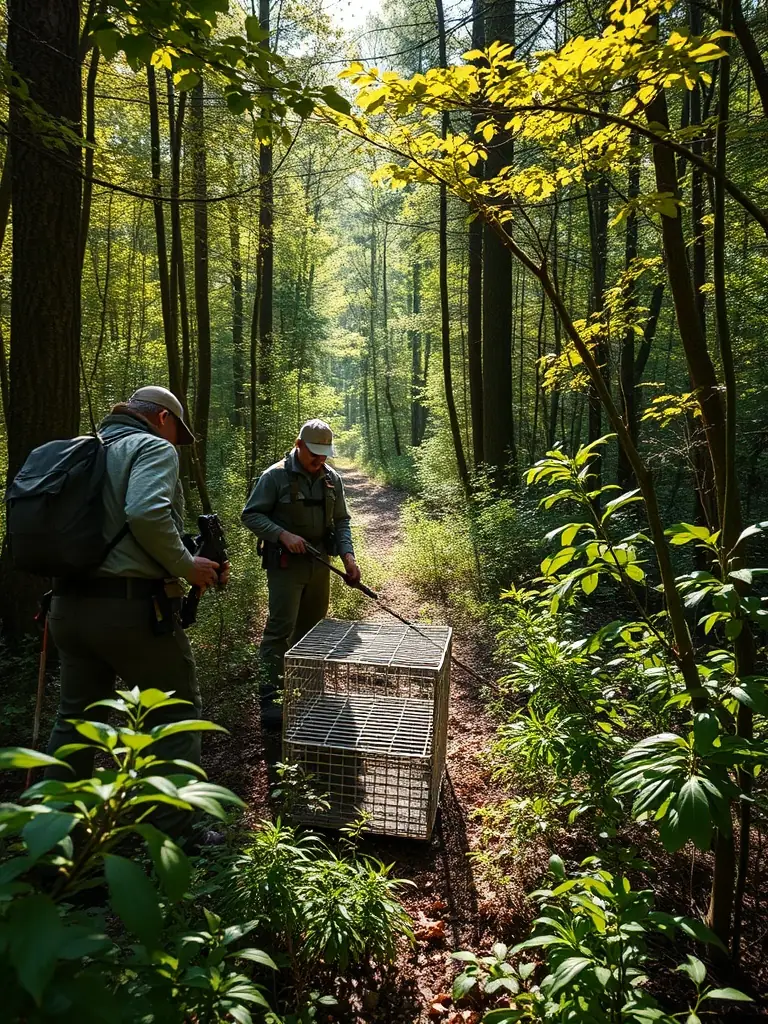 An image depicting wildlife management personnel strategically setting traps in a forested area, representing Nuisance Control Services.