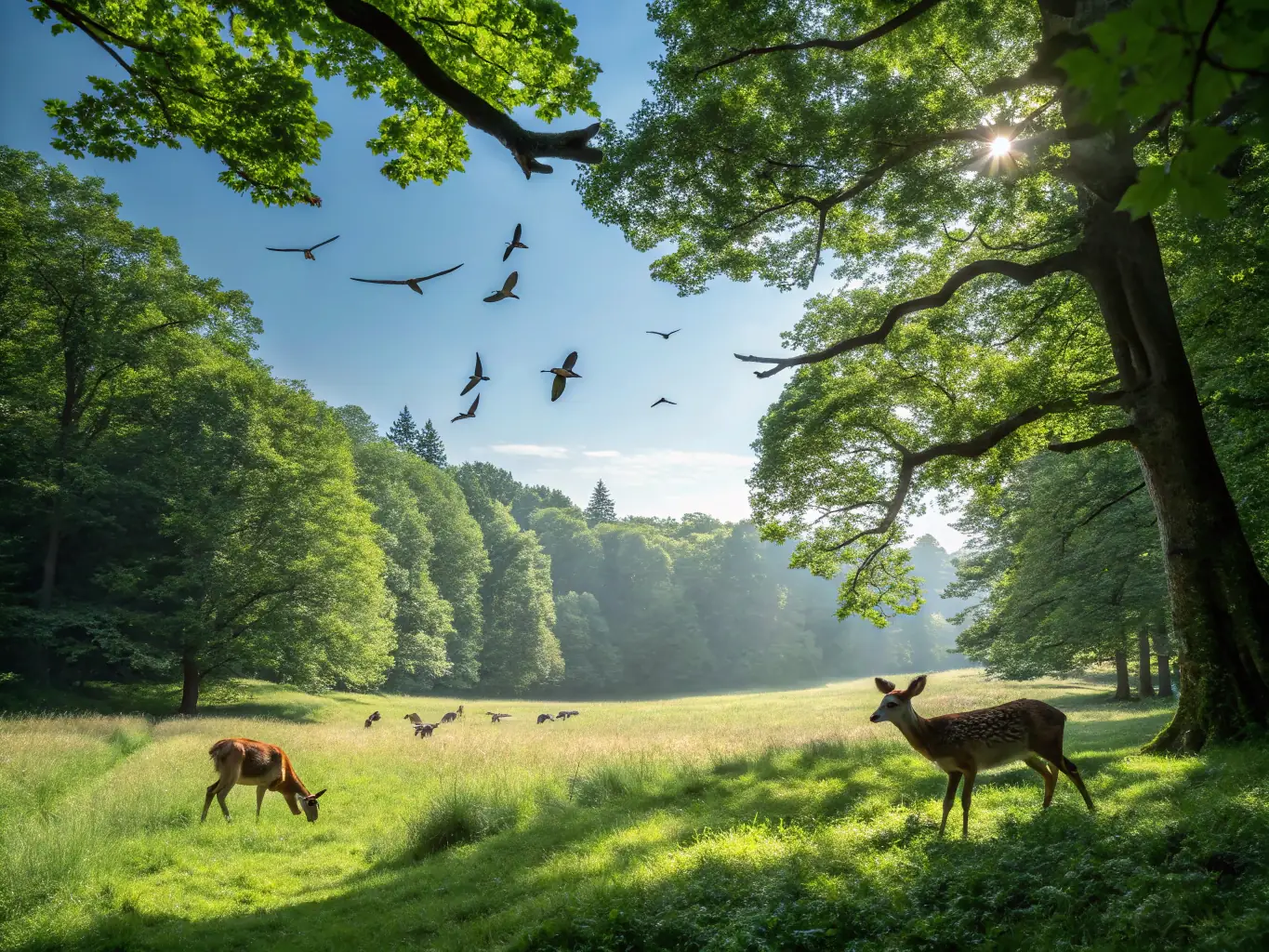 A serene landscape featuring a healthy deer grazing peacefully in a lush forest, symbolizing SCPPR's dedication to wildlife protection and habitat conservation.