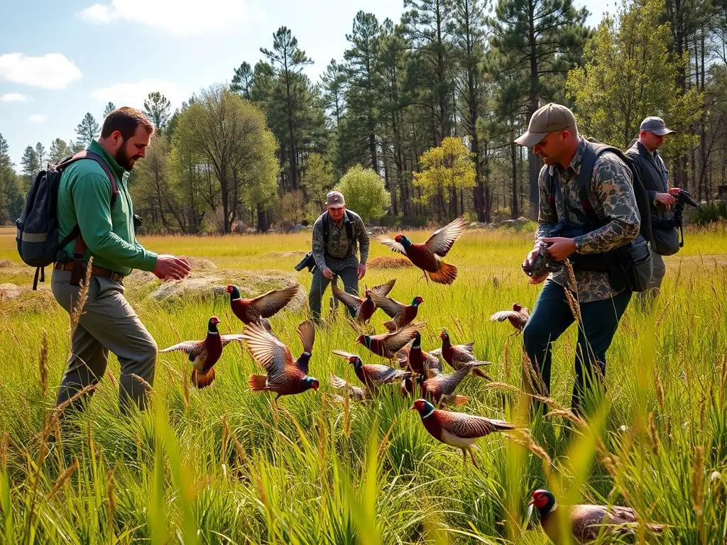 A picturesque scene of pheasants being released into a carefully managed habitat, illustrating SCPPR's game restocking initiative to enhance local game populations.